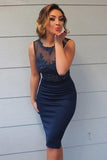 round neck sheath dark blue knee length bridesmaid dress with appliques