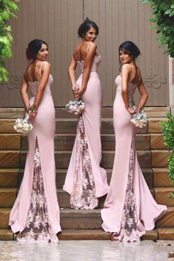 spaghetti straps mermaid pink long bridesmaid dresses with lace appliques