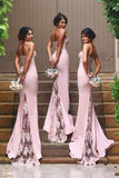 spaghetti straps mermaid pink long bridesmaid dresses with lace appliques
