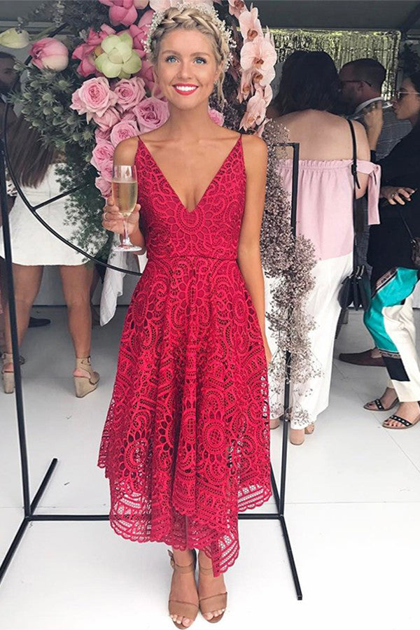 spaghetti straps v neck asymmetrical lace short bridesmaid dress