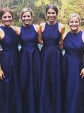 a line jewel satin royal blue long bridesmaid dresses