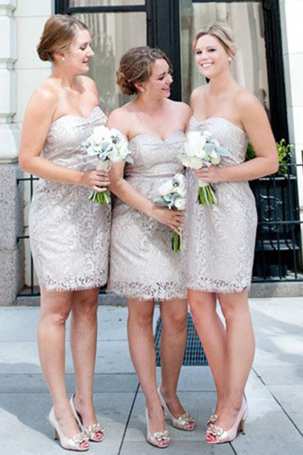 sheath sweetheart above knee lace short bridesmaid dresses