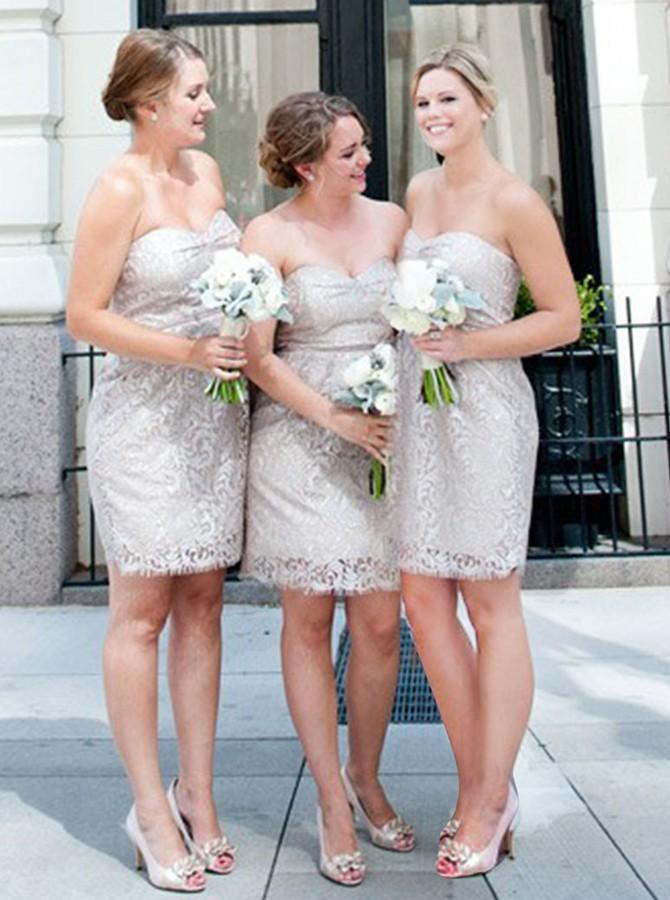 sheath sweetheart above knee lace short bridesmaid dresses