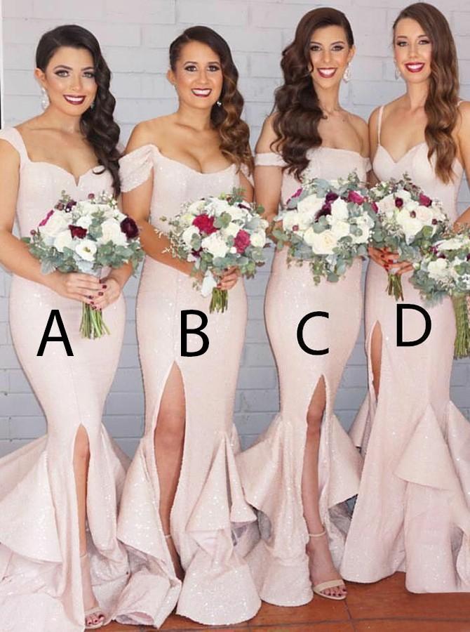 sparkly mermaid pearl pink sequined long bridesmaid dresses with ruffles