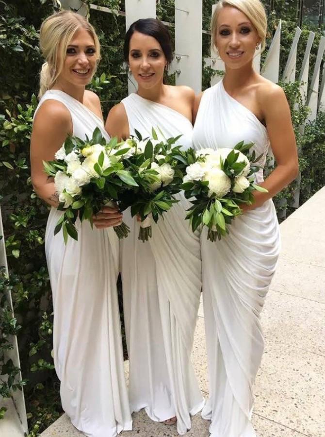 one shoulder floor length sheath bridesmaid dresses with ruched