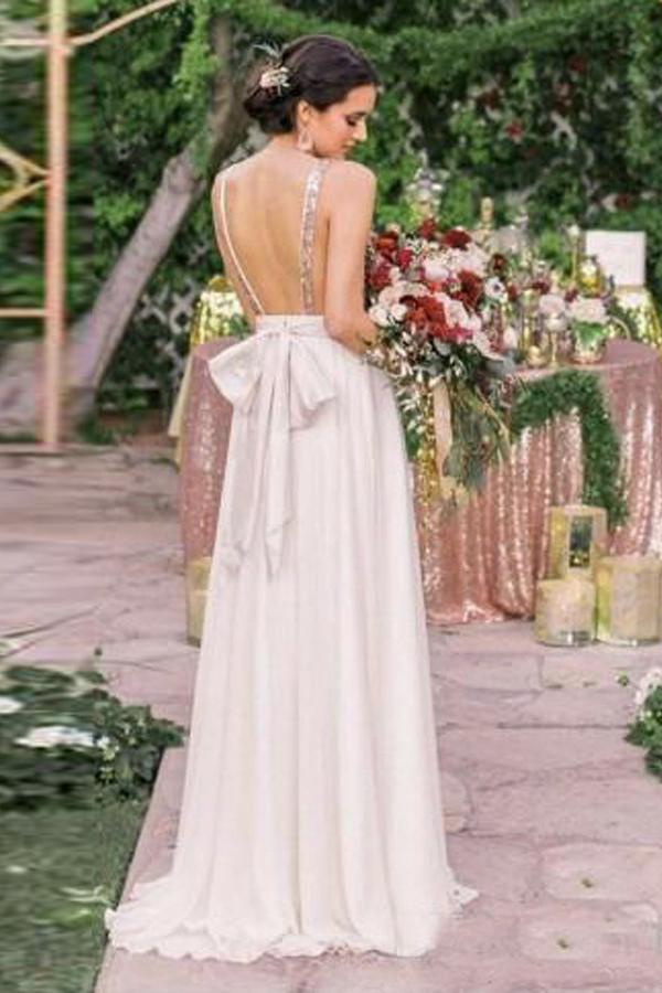 a line sequins bodice backless bridesmaid dress with bowknot