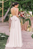 a line sequins bodice backless bridesmaid dress with bowknot