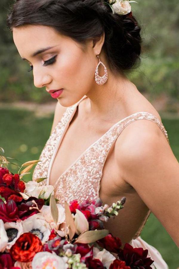 a line sequins bodice backless bridesmaid dress with bowknot