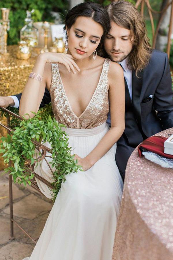 a line sequins bodice backless bridesmaid dress with bowknot