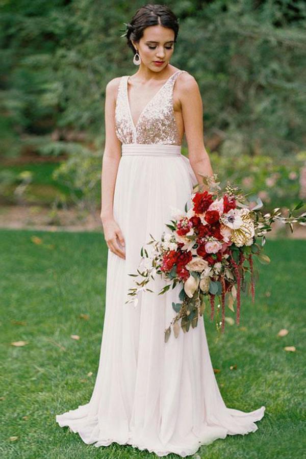 a line sequins bodice backless bridesmaid dress with bowknot