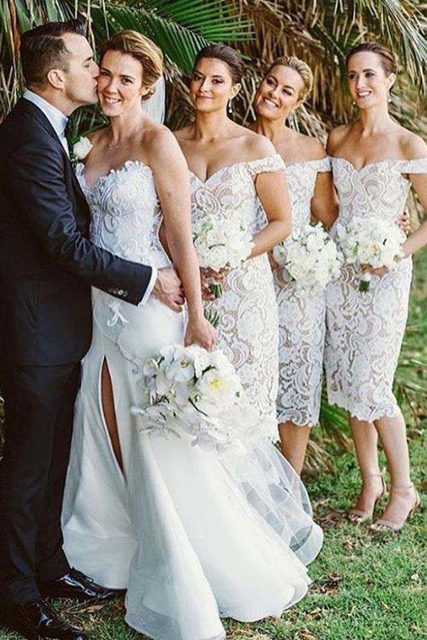 off the shoulder mid calf sheath lace bridesmaid dresses