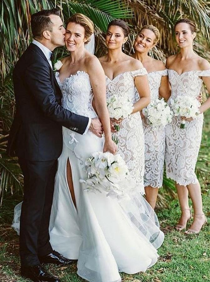 off the shoulder mid calf sheath lace bridesmaid dresses