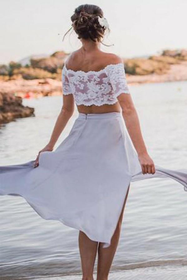 beach off shoulder ankle length two piece bridesmaid dresses with lace