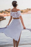 beach off shoulder ankle length two piece bridesmaid dresses with lace