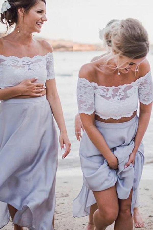 beach off shoulder ankle length two piece bridesmaid dresses with lace