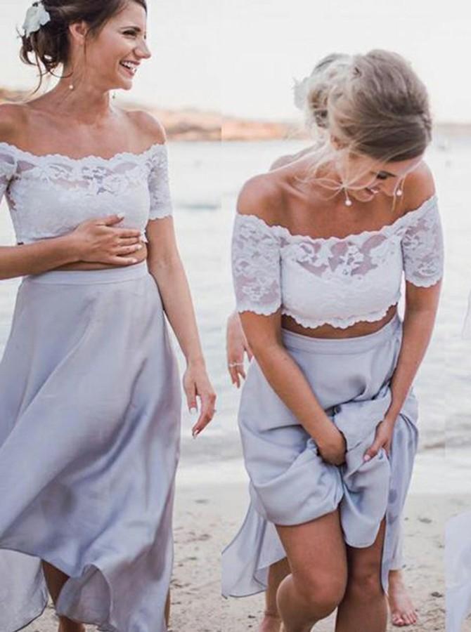 beach off shoulder ankle length two piece bridesmaid dresses with lace