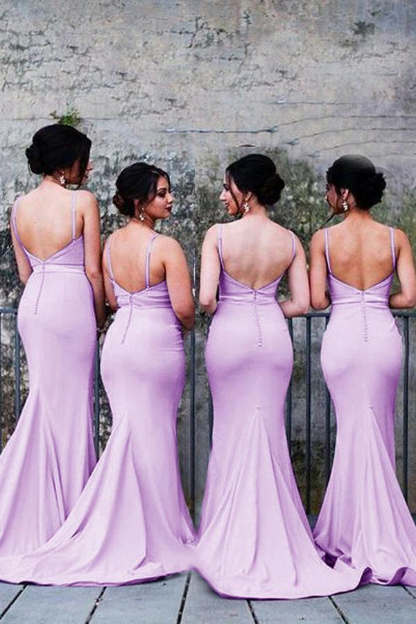 spaghetti straps mermaid lilac backless bridesmaid dresses with pleats