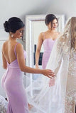 spaghetti straps mermaid lilac backless bridesmaid dresses with pleats
