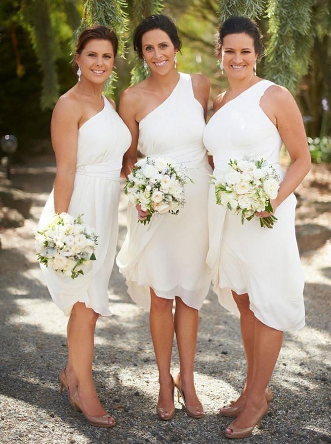 one shoulder knee length ruched chiffon bridesmaid dresses