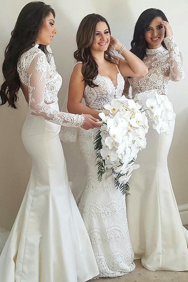 long sleeves high neck lace mermaid bridesmaid dresses