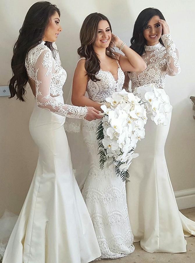 long sleeves high neck lace mermaid bridesmaid dresses