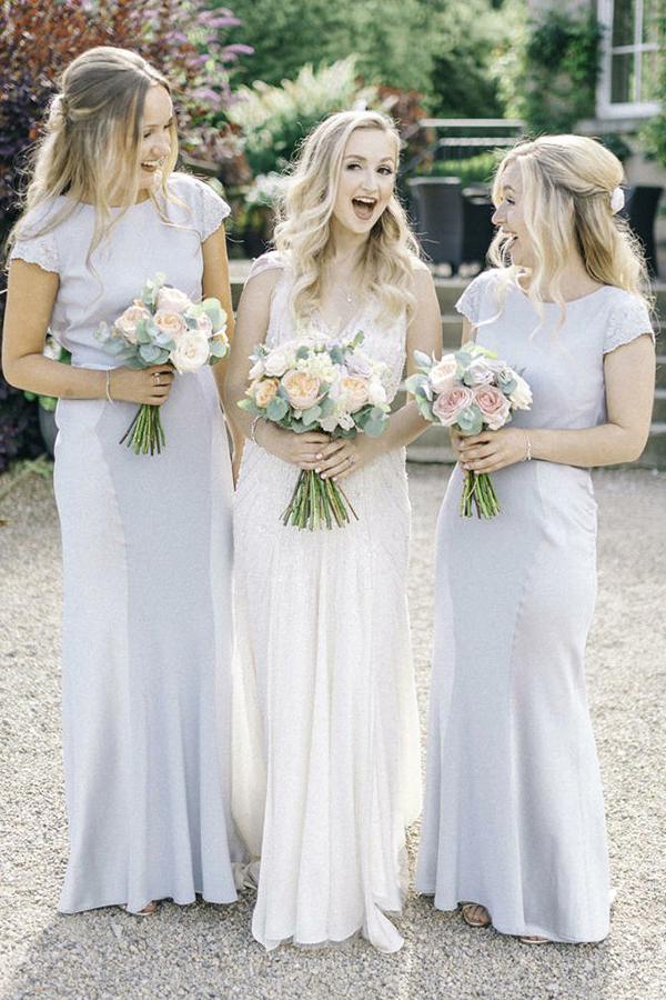 round neck floor length short sleeves sheath bridesmaid dresses