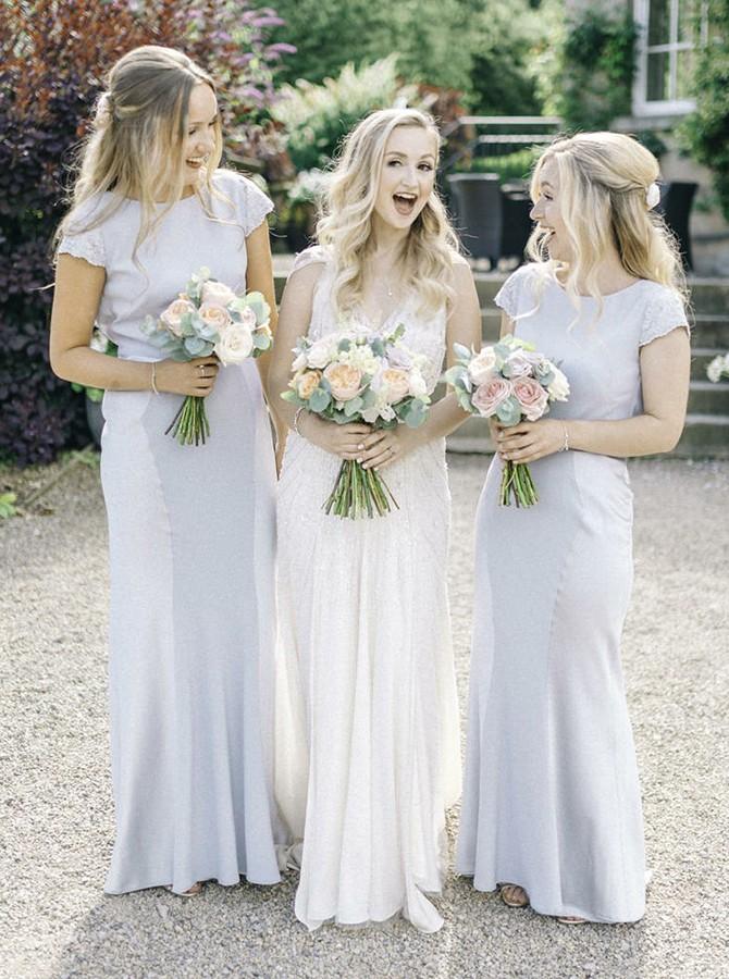 round neck floor length short sleeves sheath bridesmaid dresses