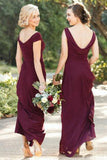 sheath off the shoulder burgundy long bridesmaid dresses