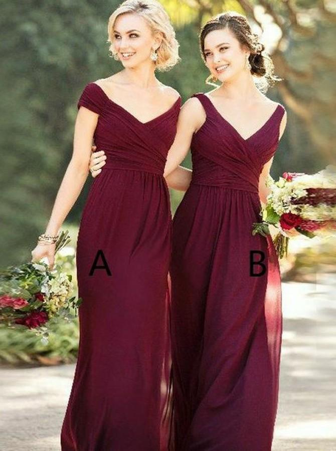 sheath off the shoulder burgundy long bridesmaid dresses