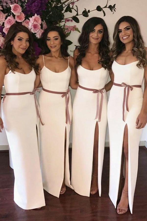 spaghetti straps floor length sheath bridesmaid dresses with split