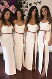 spaghetti straps floor length sheath bridesmaid dresses with split