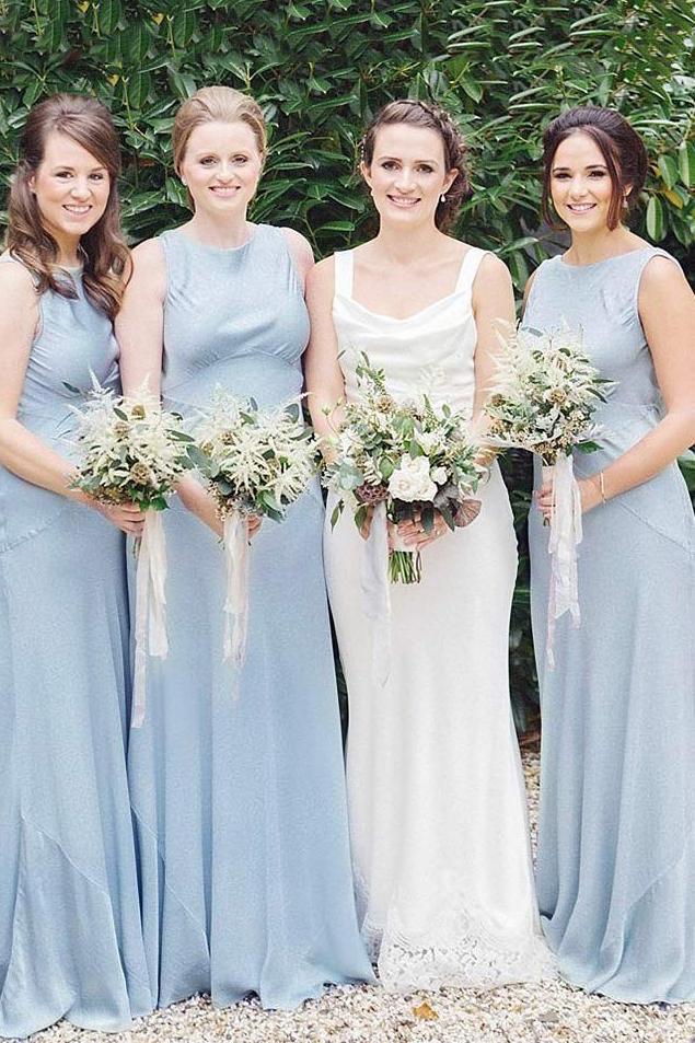 sheath round neck sleeveless dusty blue long bridesmaid dresses