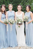 sheath round neck sleeveless dusty blue long bridesmaid dresses