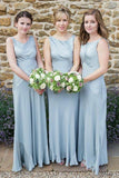 Sheath Round Neck Sleeveless Dusty Blue Long Bridesmaid Dresses PB87