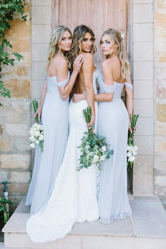 off shoulder floor length dusty blue chiffon long bridesmaid dresses