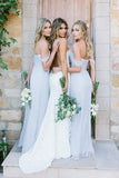 off shoulder floor length dusty blue chiffon long bridesmaid dresses