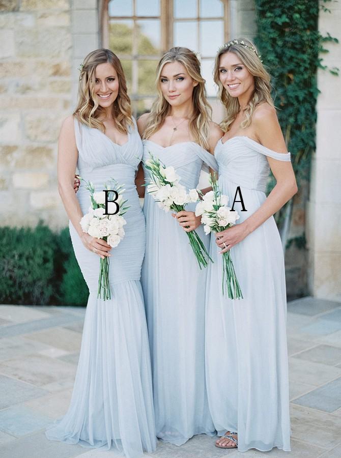 off shoulder floor length dusty blue chiffon long bridesmaid dresses