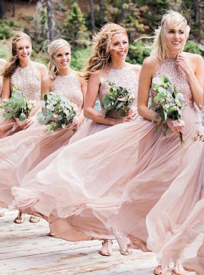 flowy chiffon bridesmaid dresses a line jewel blush pink with sequins