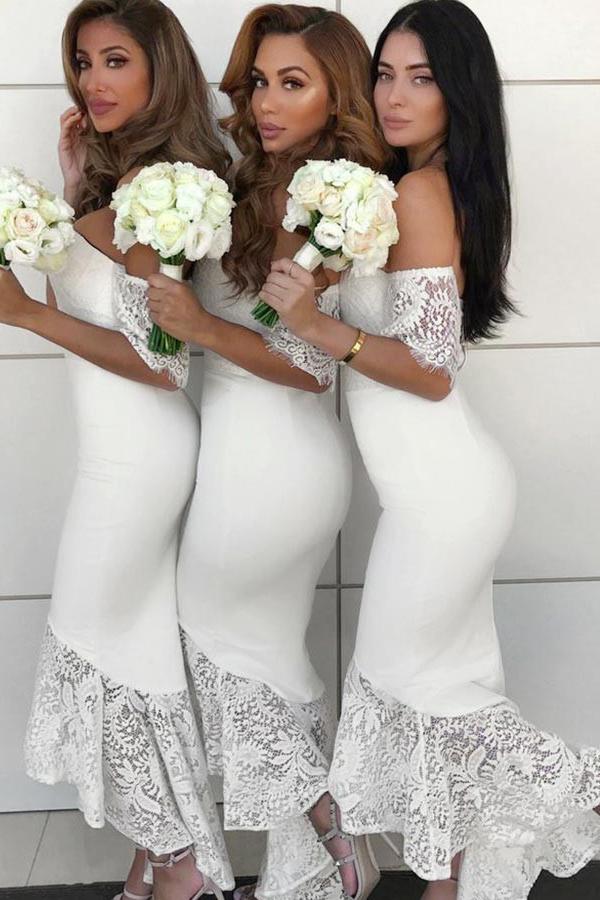 mermaid hi low lace bridesmaid dresses off shoulder short sleeves bridesmaid dress