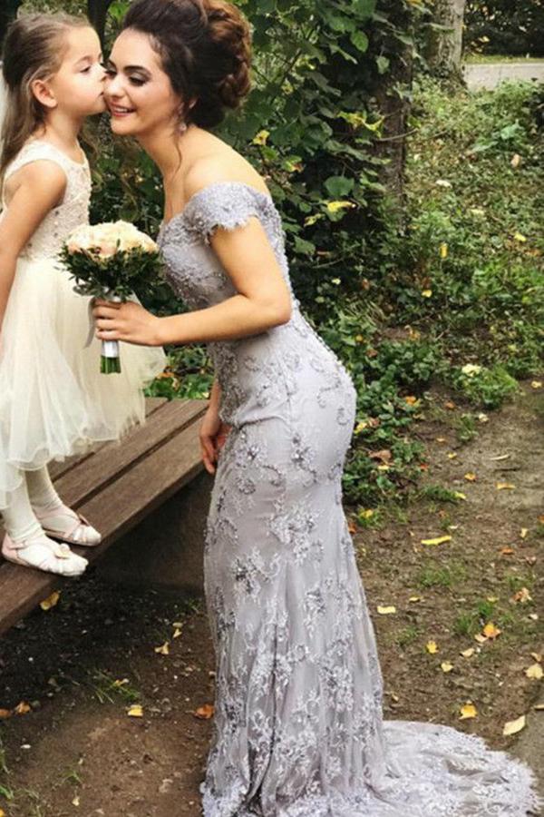 off the shoulder lace appliques grey sheath bridesmaid dress