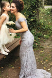 off the shoulder lace appliques grey sheath bridesmaid dress
