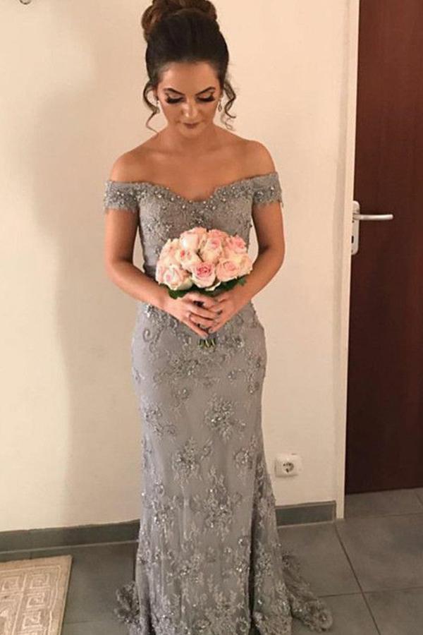 off the shoulder lace appliques grey sheath bridesmaid dress