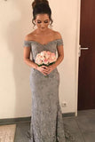 Off-the-Shoulder Lace Appliques Grey Sheath Bridesmaid Dress PB82