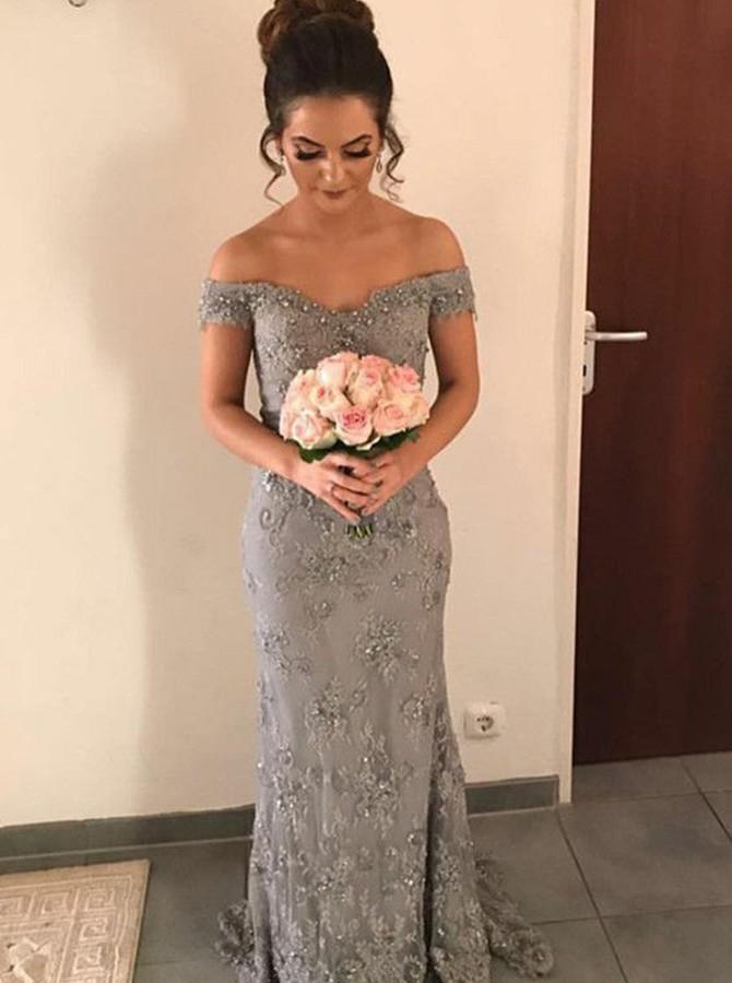 off the shoulder lace appliques grey sheath bridesmaid dress