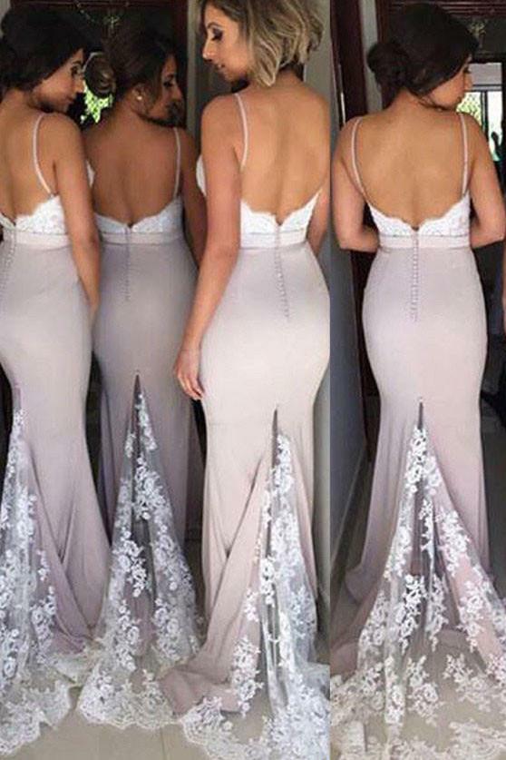mermaid spaghetti straps bridesmaid dresses with lace appliques