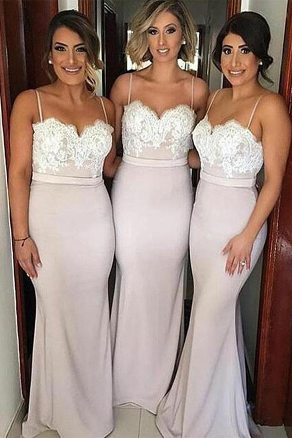 mermaid spaghetti straps bridesmaid dresses with lace appliques