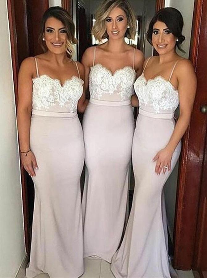 mermaid spaghetti straps bridesmaid dresses with lace appliques