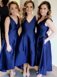A-Line V-Neck Asymmetry Royal Blue Bridesmaid Dresses with Pockets PB41