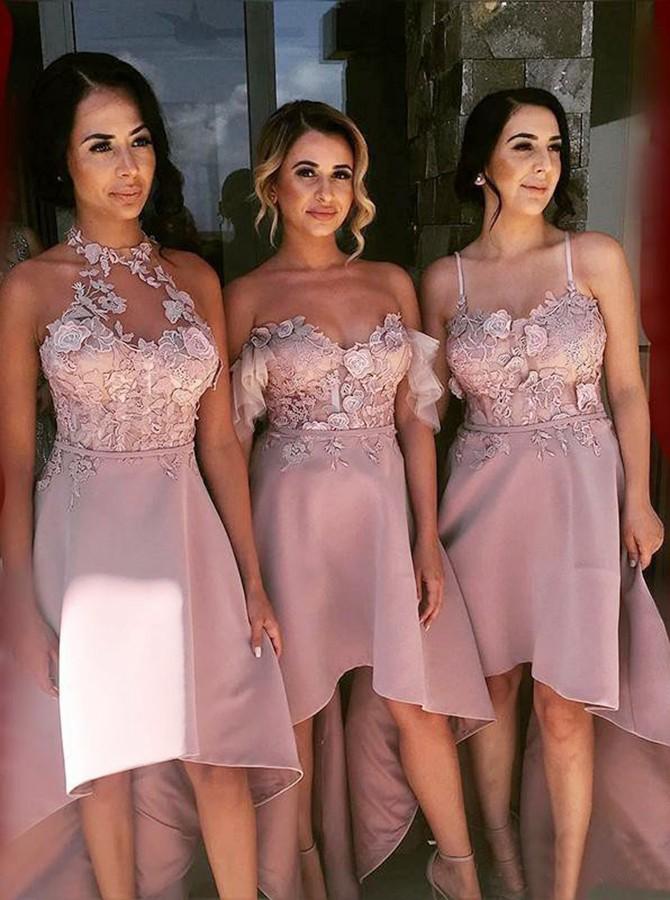A-Line High Low Blush Pink Bridesmaid Dresses with Appliques (A/B/C) PB40