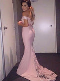 Off-Shoulder Low Back Blush Mermaid Bridesmaid Dresses With Lace PB37